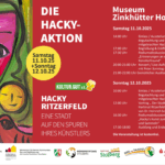 Die Hacky-Aktion 2025 in Stolberg: Flyer mit buntem Porträt, Terminen 11.–12. Oktober 2025 und Programm im Museum Zinkhütter Hof zu Ehren von Künstler Hacky Ritzerfeld.