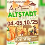 Historischer Altstadt Herbst in Stolberg (4.–5.10.2025): zwei Figuren mit Kürbisköpfen in der Altstadt – Familienfest mit Straßenprogramm.